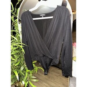 Express Bodysuit Women's‎ Size S Bleck Deep V Neck Long Sleeve Ladies